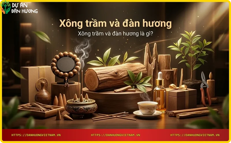 Ảnh minh họa trầm hương và đàn hương với khói hương bay lên, ánh sáng neon xanh dương và vàng