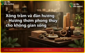 Ảnh minh họa trầm hương và đàn hương với khói hương bay lên, ánh sáng neon xanh dương và vàng
