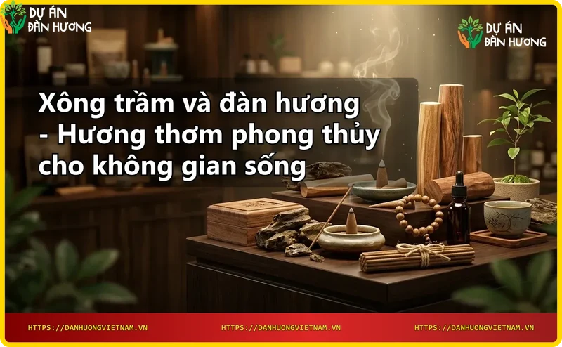 Ảnh minh họa trầm hương và đàn hương với khói hương bay lên, ánh sáng neon xanh dương và vàng