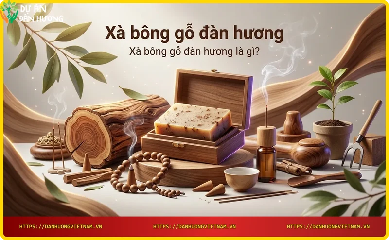 Bàn tay cầm xà bông gỗ đàn hương với bọt nhẹ, phía sau là gỗ và lá đàn hương