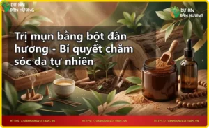 Bát gỗ đựng bột đàn hương, kèm khúc gỗ và lá đàn hương, ánh sáng vàng ấm