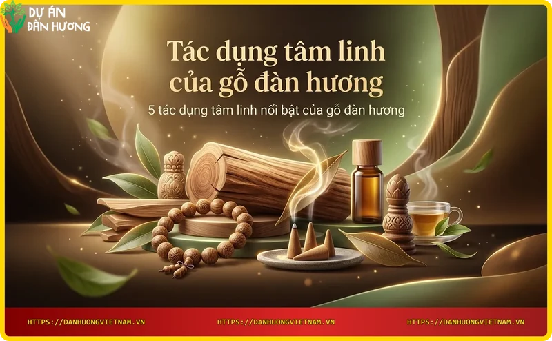 Biểu tượng năm tác dụng tâm linh của gỗ đàn hương: thanh lọc, may mắn, thiền định, bảo vệ, cân bằng