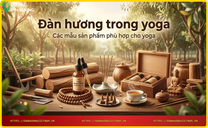 Bộ sản phẩm đàn hương gồm tinh dầu, nhang và gỗ đàn hương phù hợp cho yoga