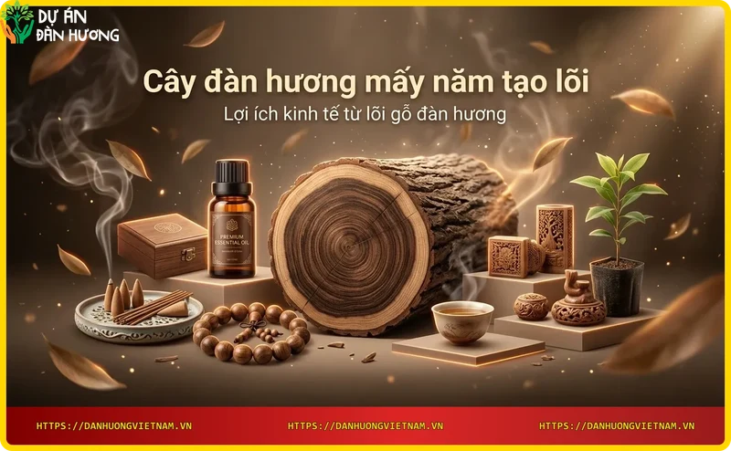 Bộ sản phẩm từ lõi gỗ đàn hương gồm tinh dầu, vòng gỗ, nhang và tượng gỗ