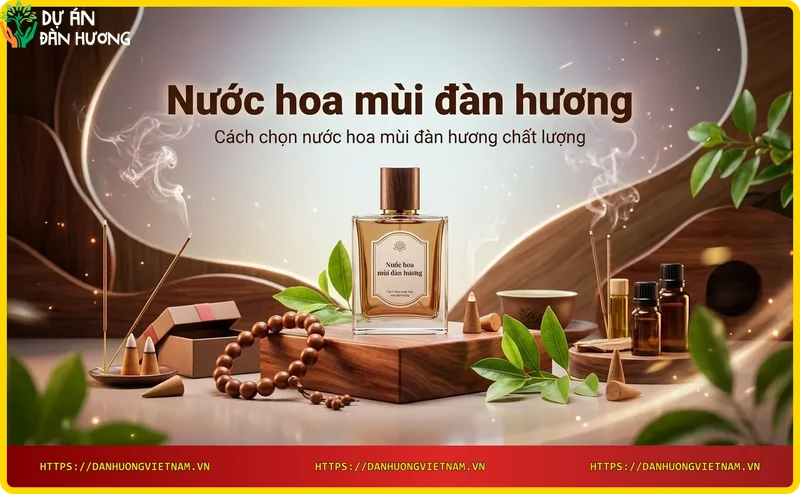 Bộ sưu tập chai nước hoa mùi đàn hương trên bàn gỗ với gỗ đàn hương