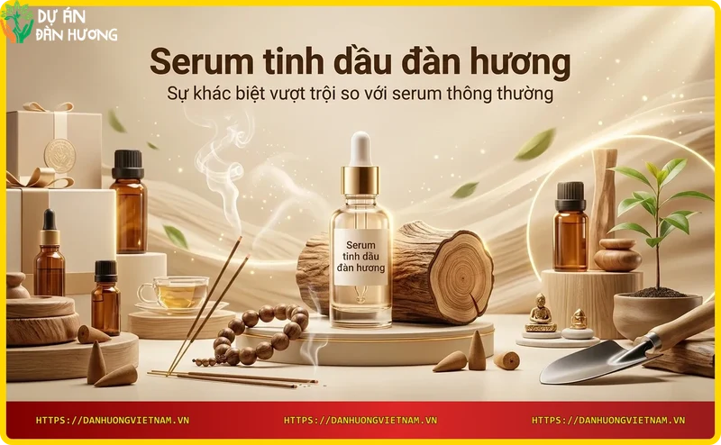 Bốn chai serum dưỡng da khác nhau đặt trên bàn gỗ, gồm serum tinh dầu đàn hương vàng và các loại serum khác, ánh sáng xanh dương và vàng tạo khung cảnh sang trọng.