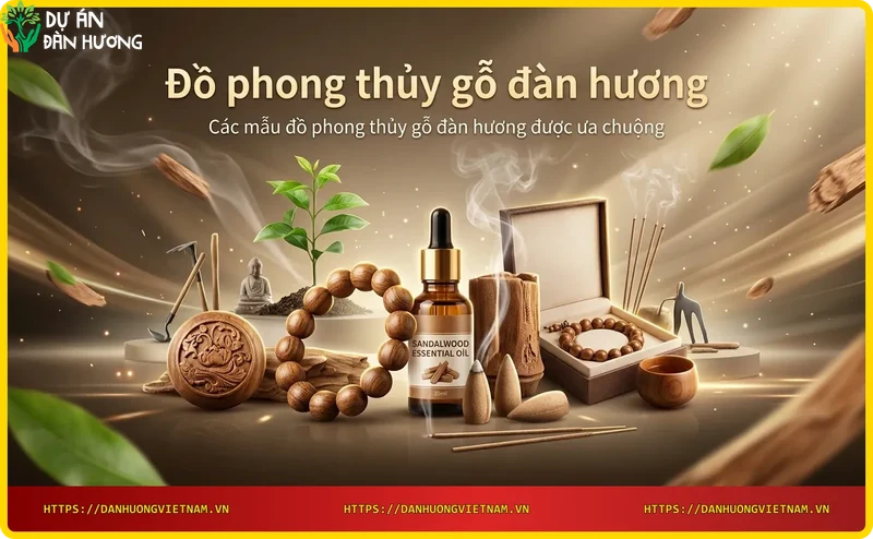 Các mẫu đồ phong thủy gỗ đàn hương phổ biến: vòng tay, tượng Phật, nhang, tượng voi.