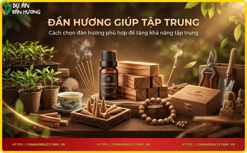 Các sản phẩm đàn hương như nhang, tinh dầu, gỗ vụn trên bàn gỗ