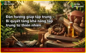 Các sản phẩm đàn hương như nhang, tinh dầu, gỗ vụn trên bàn gỗ