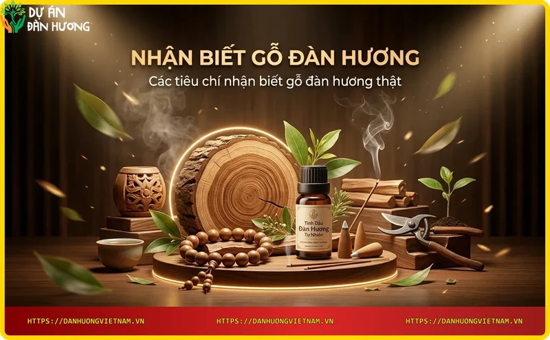 Các tiêu chí nhận biết gỗ đàn hương thật bao gồm vân gỗ, trọng lượng, mùi hương