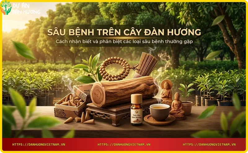 Cận cảnh triệu chứng sâu đục thân và bệnh nấm trên lá đàn hương.
