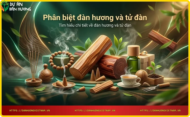 Cành đàn hương và khúc gỗ tử đàn trên nền gỗ mộc