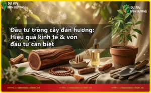 Cây đàn hương non và bàn tay người trồng, thể hiện sự chăm sóc tận tâm