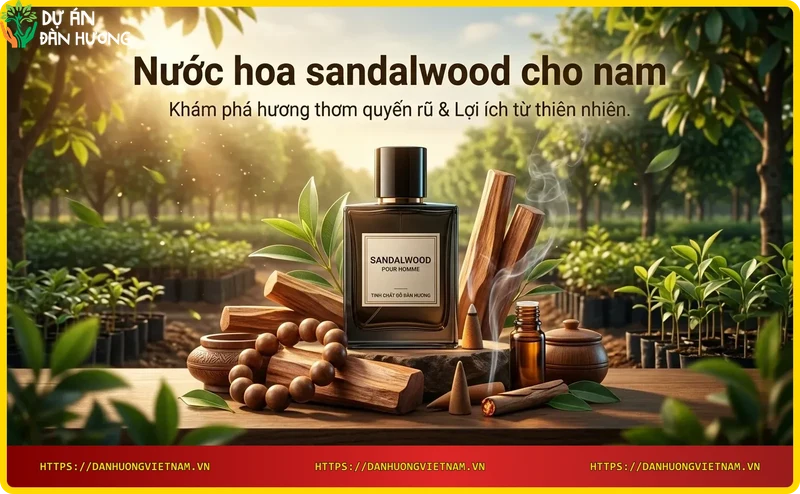 Chai nước hoa sandalwood trên nền đá cẩm thạch với làn khói thơm