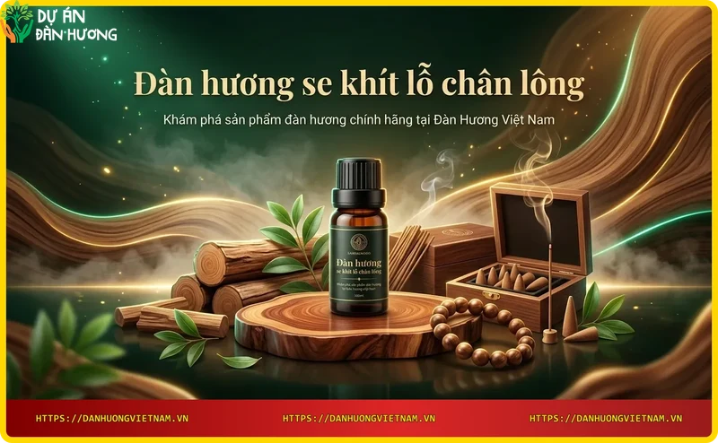 Chai tinh dầu đàn hương nguyên chất của Đàn Hương Việt Nam trên nền gỗ với lá xanh và khói thơm