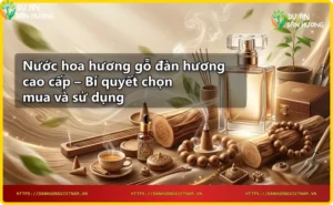 Chai tinh dầu đàn hương và các mảnh gỗ đàn hương
