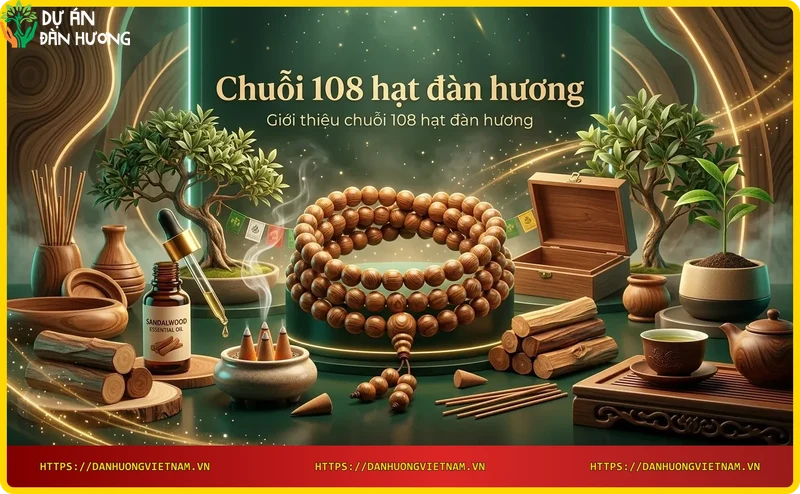 Chuỗi 108 hạt đàn hương đặt trên đá với lá và khói hương