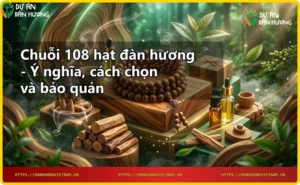 Chuỗi 108 hạt đàn hương đặt trên đá với lá và khói hương