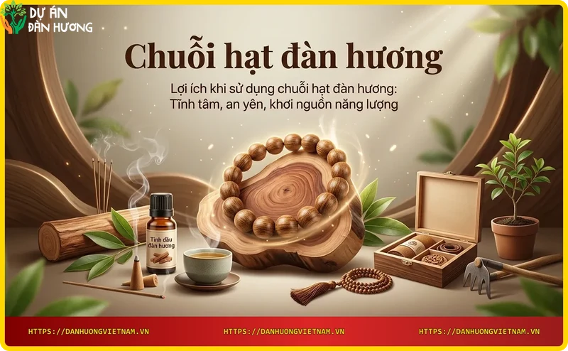 Chuỗi hạt đàn hương bên cạnh tượng Phật và nến sen, không gian thiền tĩnh