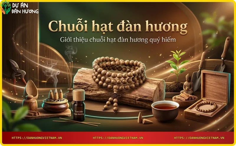 Chuỗi hạt đàn hương kết hợp với trầm hương và tinh dầu trên nền gỗ