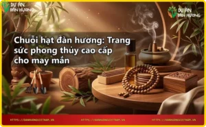 Chuỗi hạt đàn hương kết hợp với trầm hương và tinh dầu trên nền gỗ