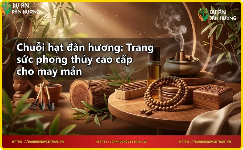 Chuỗi hạt đàn hương kết hợp với trầm hương và tinh dầu trên nền gỗ