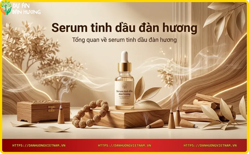 Giọt tinh dầu đàn hương vàng óng rơi trên bề mặt gỗ, phản chiếu ánh sáng xanh lam và vàng, thể hiện sự tinh khiết và cao cấp.
