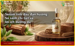 Giọt tinh dầu đàn hương vàng óng rơi trên bề mặt gỗ, phản chiếu ánh sáng xanh lam và vàng, thể hiện sự tinh khiết và cao cấp.