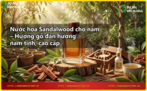 Gỗ đàn hương thô và chai nước hoa sandalwood