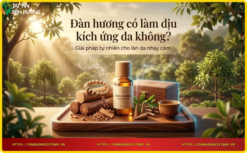 Gỗ đàn hương và tinh dầu đàn hương nguyên chất, biểu tượng của liệu pháp làm dịu da tự nhiên