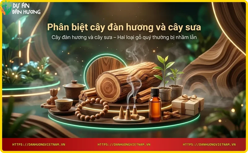 Khúc gỗ đàn hương và gỗ sưa cạnh nhau cho thấy sự khác biệt về màu sắc và vân gỗ