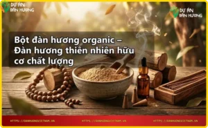 Kiểm tra chất lượng bột đàn hương organic với kính lúp và chứng nhận hữu cơ
