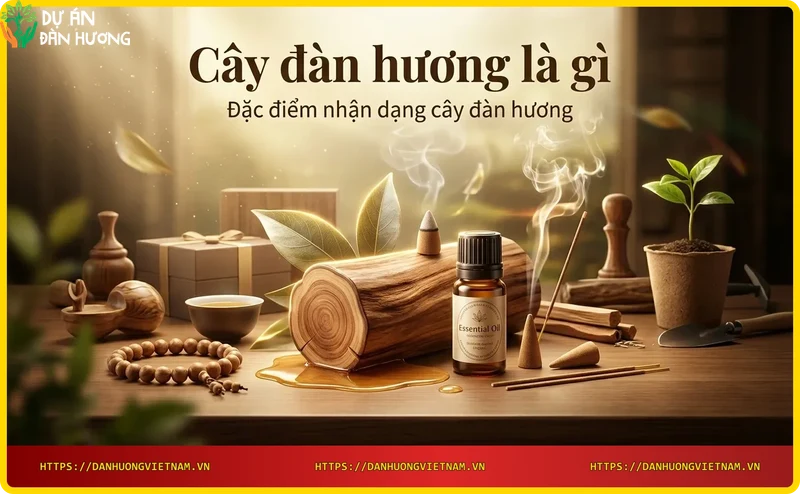 Lá hình mác, hoa tím và mặt cắt gỗ đàn hương với vân mịn
