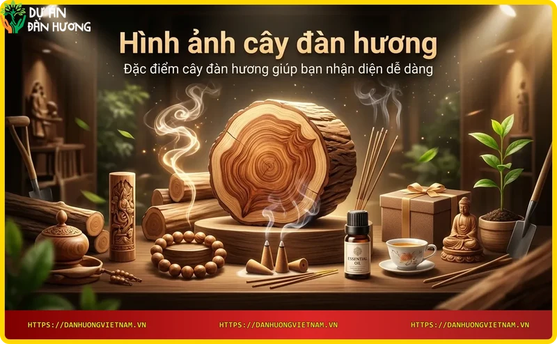 Lá mọc đối, hoa tím hồng và quả đen của cây đàn hương