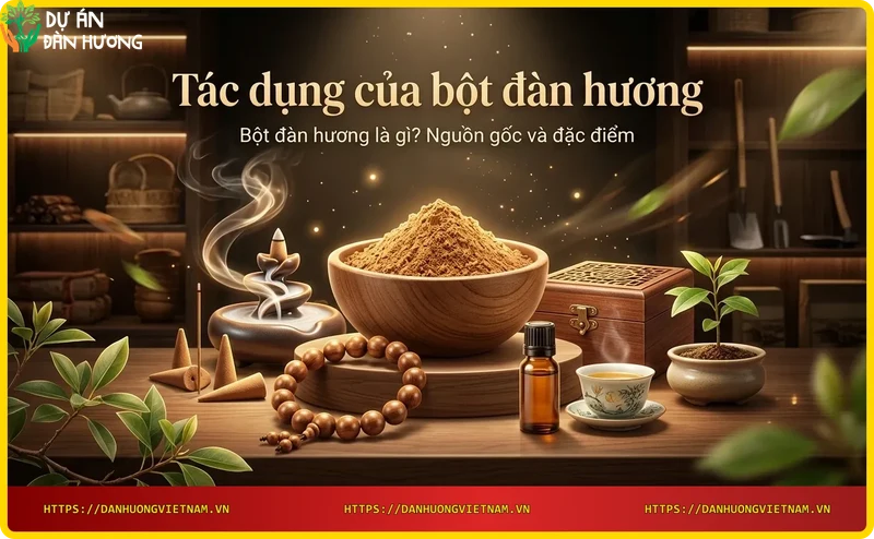 Lõi gỗ đàn hương và bột đàn hương trên nền gỗ