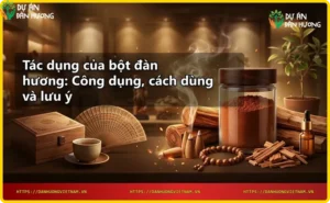 Lõi gỗ đàn hương và bột đàn hương trên nền gỗ