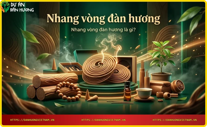 Một vòng nhang đàn hương trên khay gỗ với vỏ cây và mảnh gỗ đàn hương