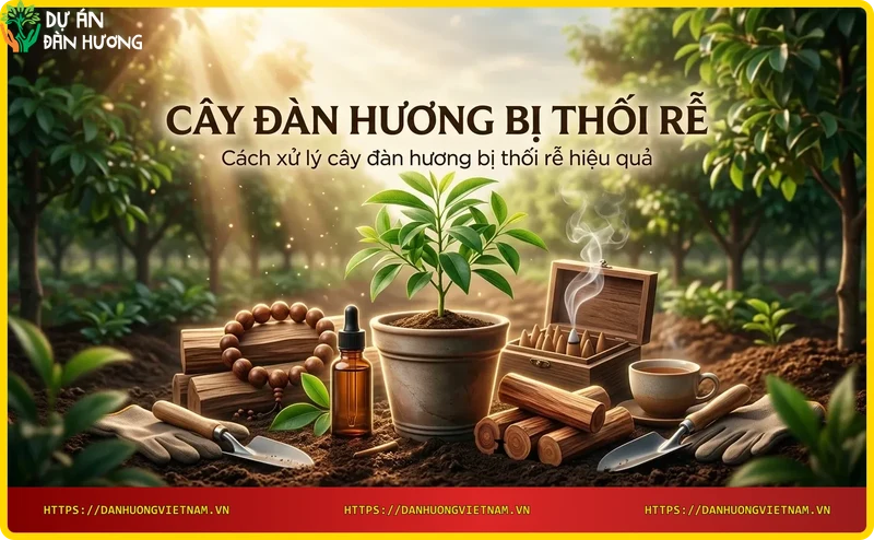 Người làm vườn cắt bỏ rễ thối của cây đàn hương