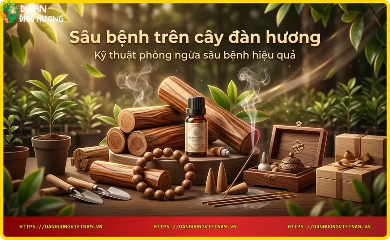 Nông dân phun thuốc sinh học phòng ngừa sâu bệnh cho cây đàn hương.
