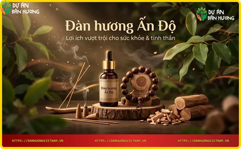 Sandalwood essential oil, incense, beads and statue on dark wood table