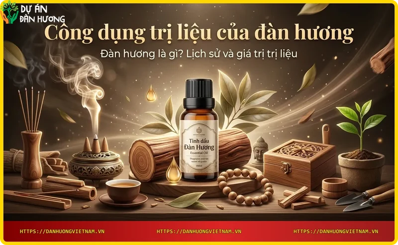 Sandalwood tree trunk with ancient Ayurvedic elements representing history and therapeutic value of sandalwood