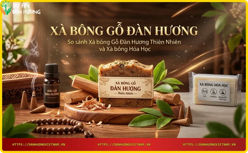 So sánh xà bông gỗ đàn hương thiên nhiên (bên trái) và xà bông hóa học (bên phải)