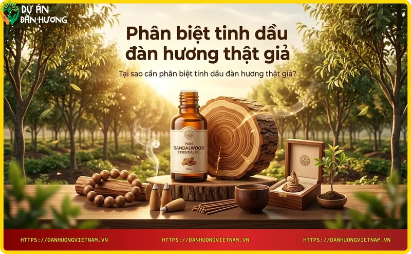 Tay cầm hai chai tinh dầu đàn hương thật và giả để so sánh