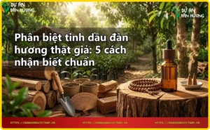 Tay cầm hai chai tinh dầu đàn hương thật và giả để so sánh