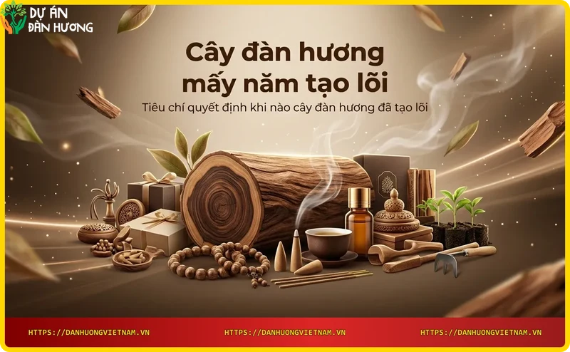 Thân cây đàn hương được đo đường kính và khoan thử lõi, phần lõi sẫm màu lộ ra