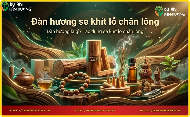 Thân cây đàn hương với nhựa vàng óng và lá xanh, biểu tượng của tinh dầu se khít lỗ chân lông
