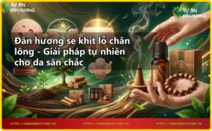 Thân cây đàn hương với nhựa vàng óng và lá xanh, biểu tượng của tinh dầu se khít lỗ chân lông