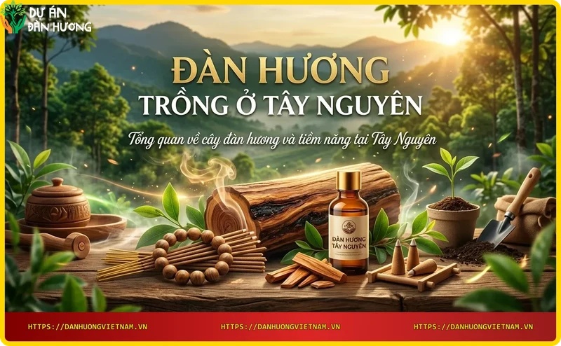Thân cây đàn hương với vỏ cây sần sùi và lá xanh mướt trên đất bazan Tây Nguyên