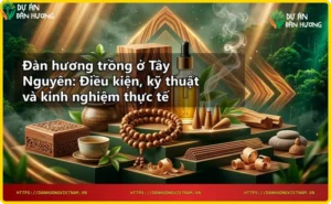 Thân cây đàn hương với vỏ cây sần sùi và lá xanh mướt trên đất bazan Tây Nguyên