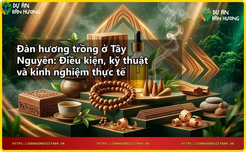 Thân cây đàn hương với vỏ cây sần sùi và lá xanh mướt trên đất bazan Tây Nguyên